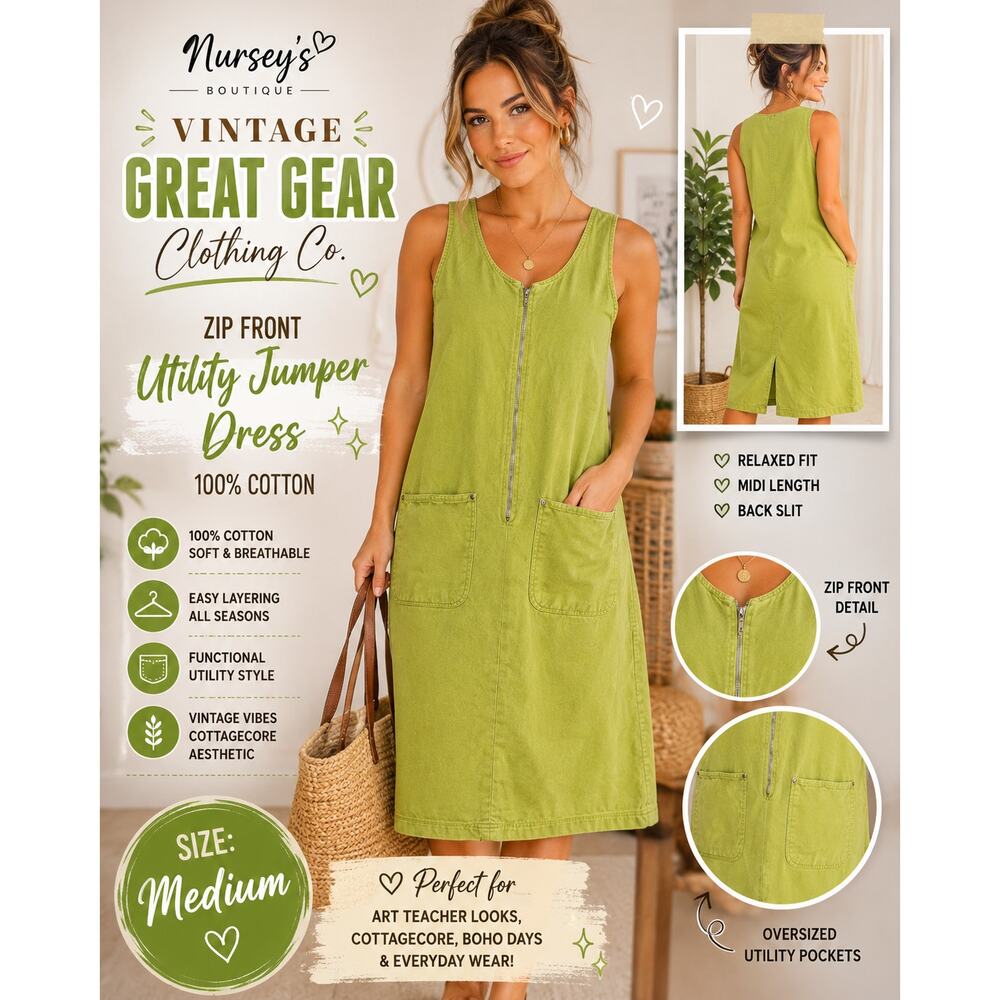 Vintage Great Gear Clothing Co Green Zip Front Utility Jumper Dress M